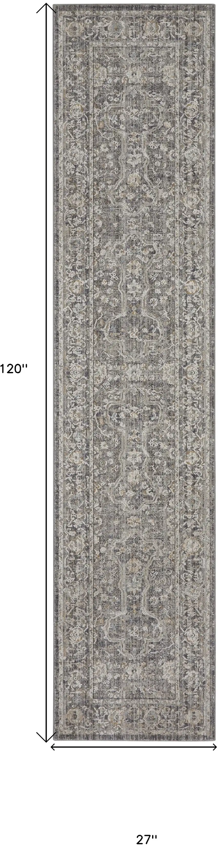 10' Slate Gray Brown And Ivory Floral Distressed Runner Rug With Fringe Photo 3