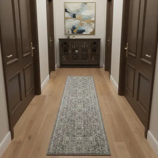 10' Slate Gray Brown And Ivory Floral Distressed Runner Rug With Fringe Photo 1