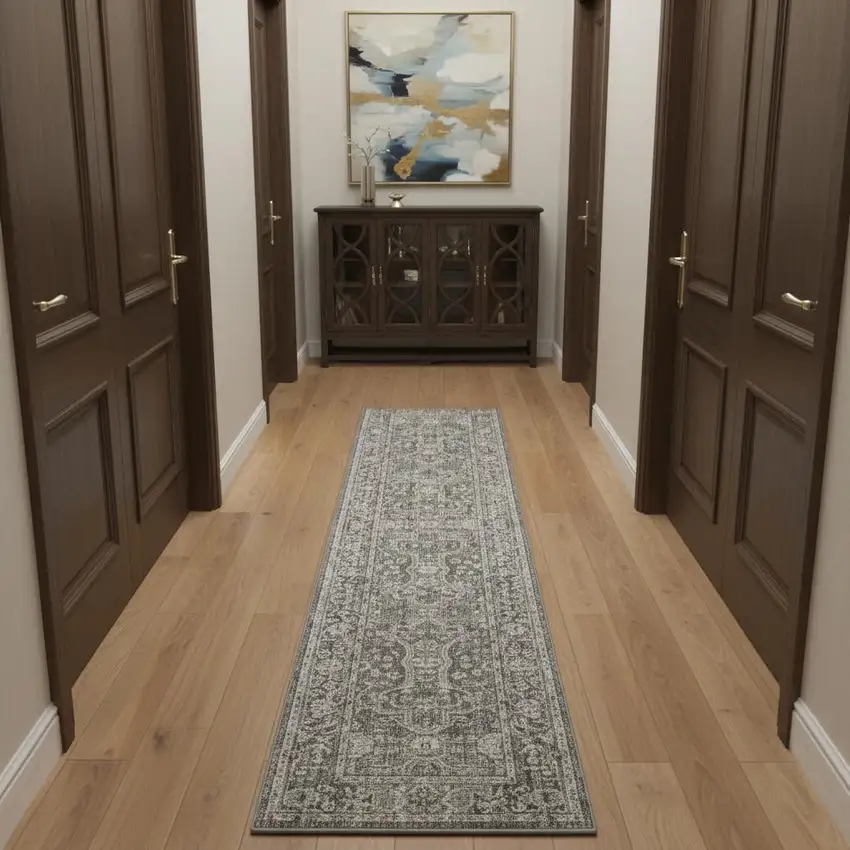 10' Slate Gray Brown And Ivory Floral Distressed Runner Rug With Fringe Photo 1