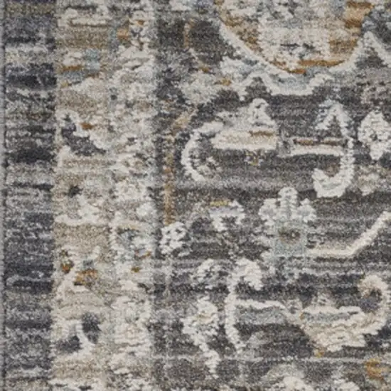 12' Slate Gray Brown And Ivory Floral Distressed Runner Rug With Fringe Photo 7