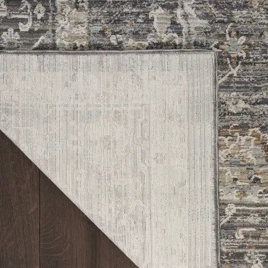 12' Slate Gray Brown And Ivory Floral Distressed Runner Rug With Fringe Photo 9