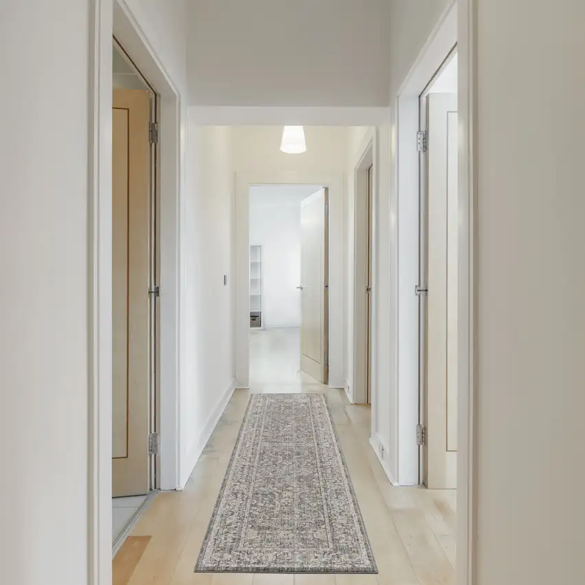 12' Slate Gray Brown And Ivory Floral Distressed Runner Rug With Fringe Photo 4