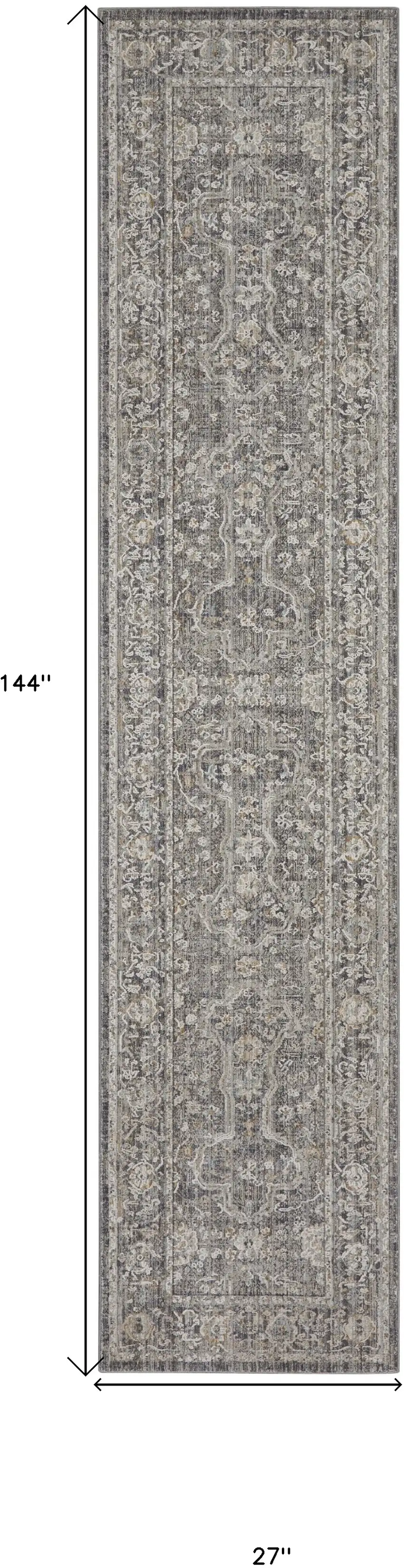 12' Slate Gray Brown And Ivory Floral Distressed Runner Rug With Fringe Photo 3