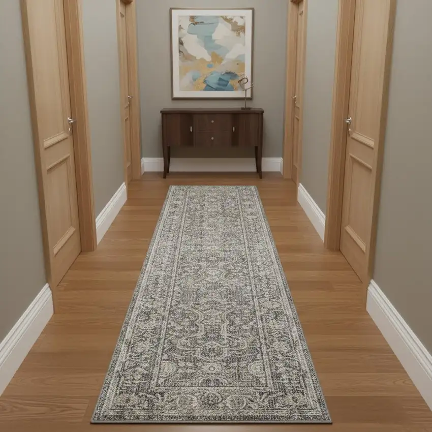 12' Slate Gray Brown And Ivory Floral Distressed Runner Rug With Fringe Photo 1