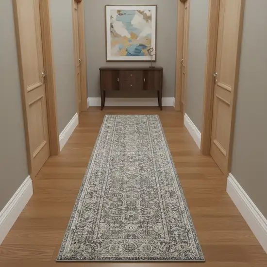 12' Slate Gray Brown And Ivory Floral Distressed Runner Rug With Fringe Photo 1