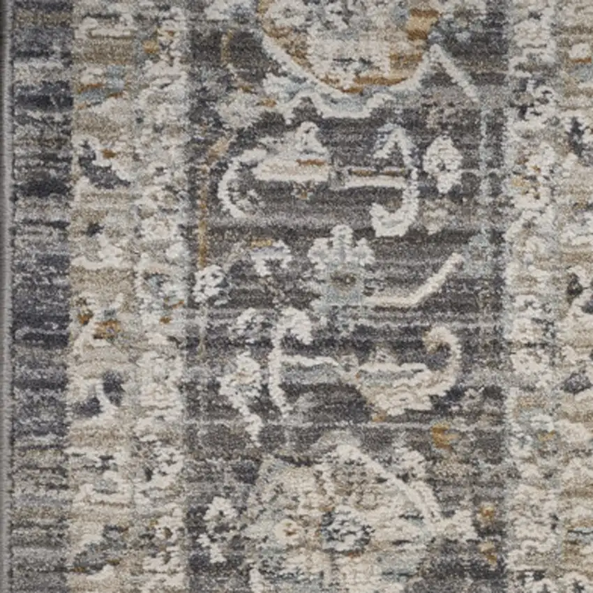 12' Slate Gray Brown And Ivory Floral Distressed Runner Rug With Fringe Photo 6