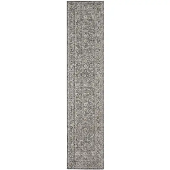 12' Slate Gray Brown And Ivory Floral Distressed Runner Rug With Fringe Photo 2
