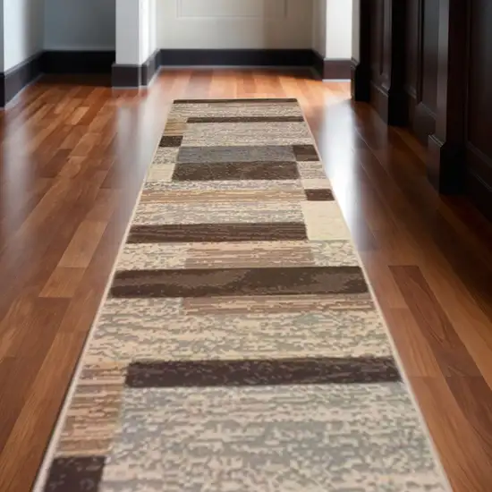 12' Beige Slate Gray And Brown Patchwork Runner Rug Photo 1