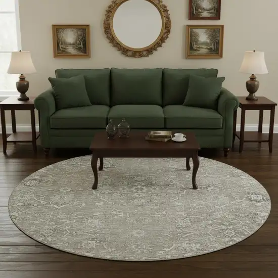 8' Stone And Coffee Floral Medallion Washable Round Rug With UV Protection Photo 1