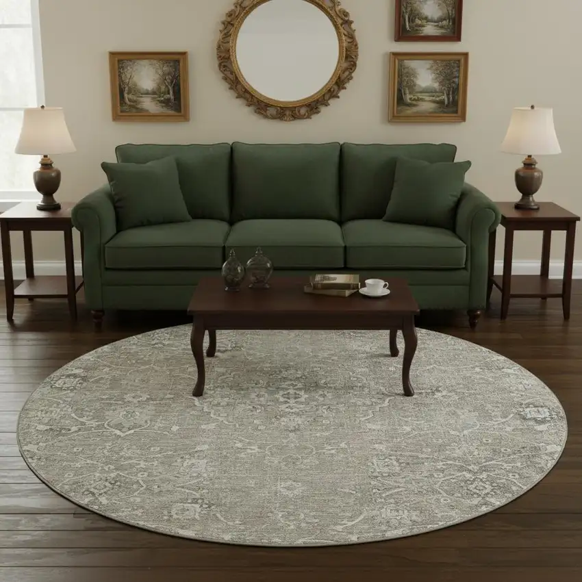 8' Stone And Coffee Floral Medallion Washable Round Rug With UV Protection Photo 1