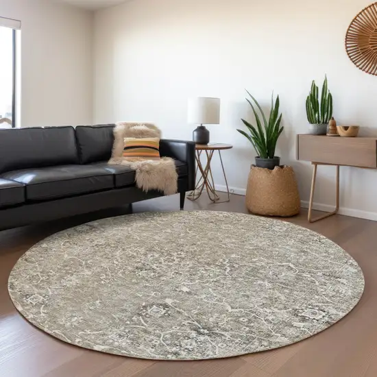 8' Stone And Coffee Floral Medallion Washable Round Rug With UV Protection Photo 6