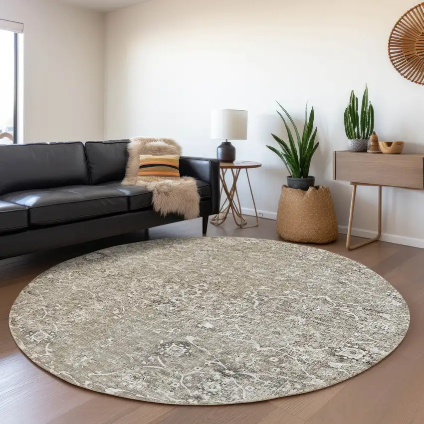 8' Stone And Coffee Floral Medallion Washable Round Rug With UV Protection Photo 6