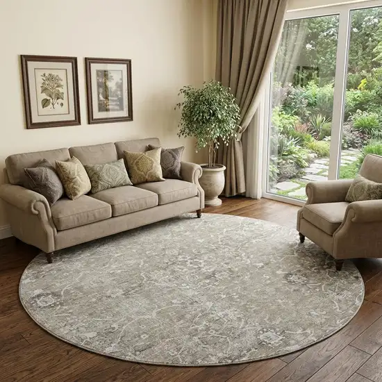 8' Stone And Coffee Floral Medallion Distressed Washable Round Rug With UV Protection Photo 1