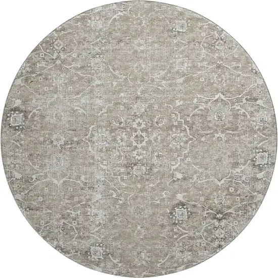 8' Stone And Coffee Floral Medallion Washable Round Rug With UV Protection Photo 2