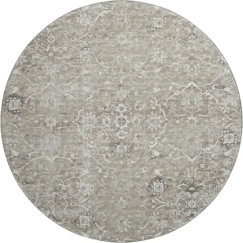 8' Stone And Coffee Floral Medallion Washable Round Rug With UV Protection Photo 2