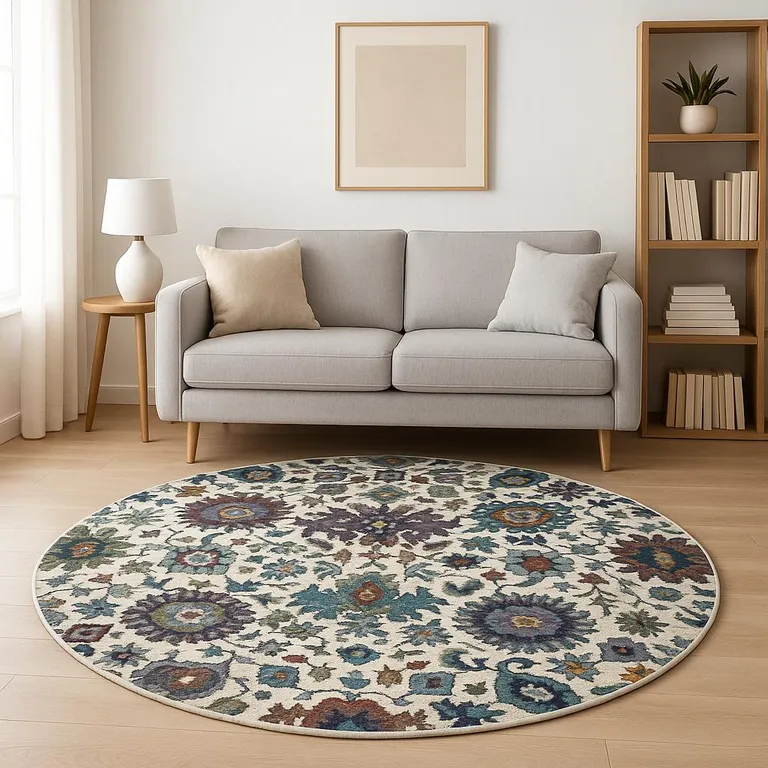 8' Stone Grey Purple Green Gold And Teal Round Oriental Power Loom Stain Resistant Area Rug Photo 5