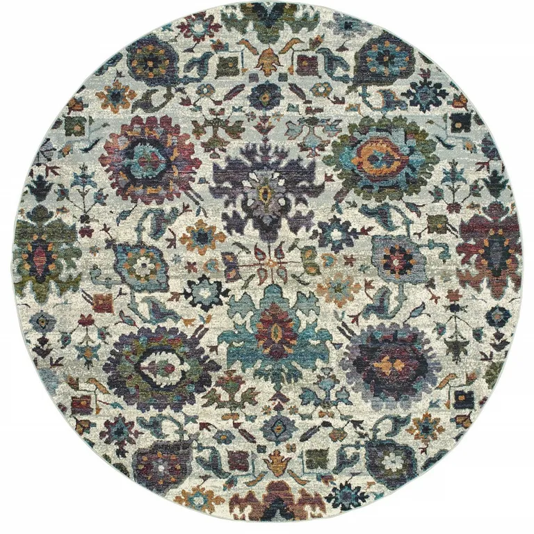 8' Stone Grey Purple Green Gold And Teal Round Oriental Power Loom Stain Resistant Area Rug Photo 4