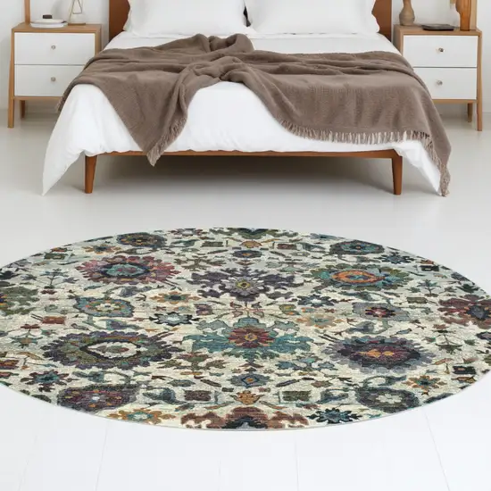 8' Purple and Gray Round Oriental Power Loom Area Rug Photo 1