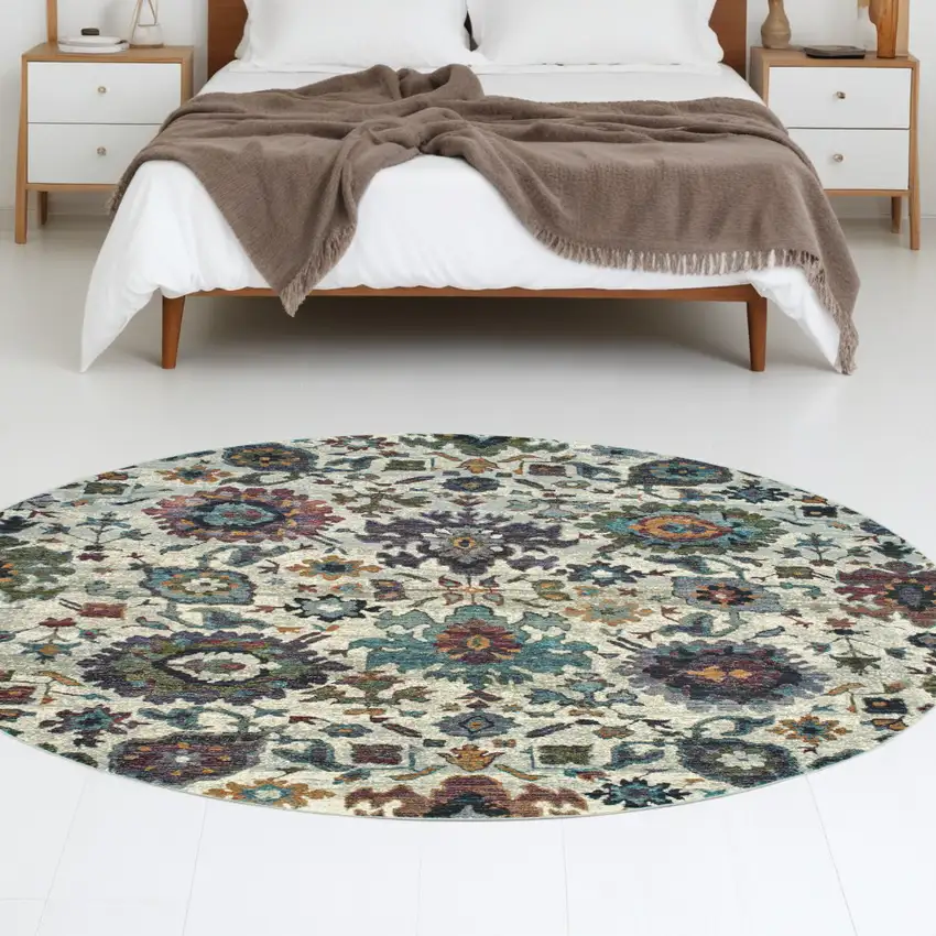8' Purple and Gray Round Oriental Power Loom Area Rug Photo 1