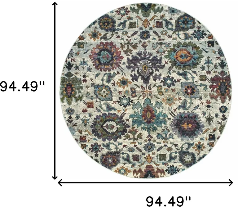 8' Stone Grey Purple Green Gold And Teal Round Oriental Power Loom Stain Resistant Area Rug Photo 5