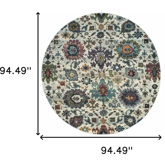 8' Stone Grey Purple Green Gold And Teal Round Oriental Power Loom Stain Resistant Area Rug Photo 5