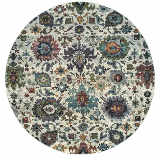 8' Stone Grey Purple Green Gold And Teal Round Oriental Power Loom Stain Resistant Area Rug Photo 1