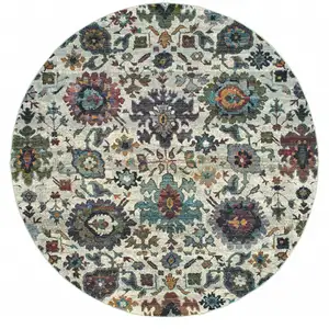 Photo of 8' Stone Grey Purple Green Gold And Teal Round Oriental Power Loom Stain Resistant Area Rug