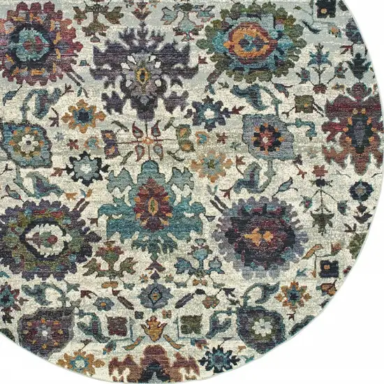 8' Stone Grey Purple Green Gold And Teal Round Oriental Power Loom Stain Resistant Area Rug Photo 3