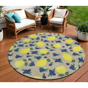 Photo of 8' Stone Yellow And Blue Round Lemons Washable Indoor Outdoor Area Rug