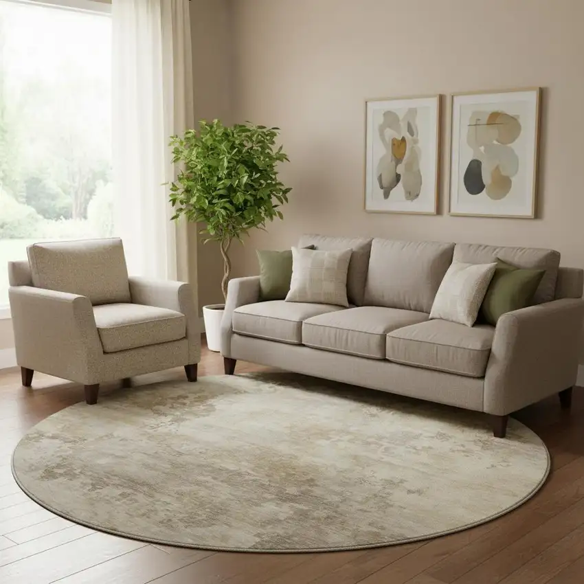 8' Tan And Beige Abstract Washable Round Rug With UV Protection Photo 2