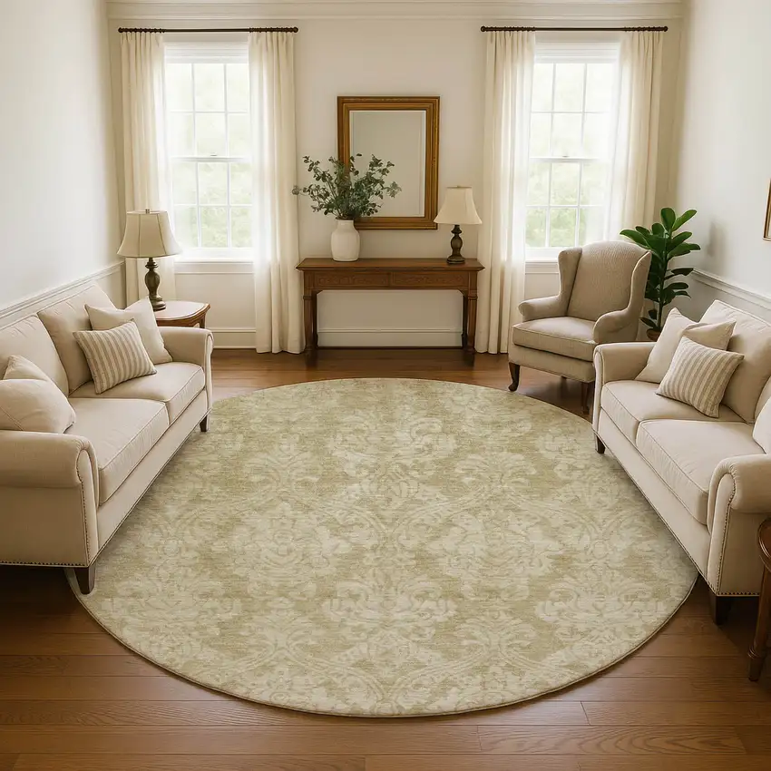 8' Tan And Beige Damask Washable Round Rug With UV Protection Photo 4