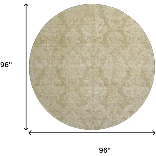 8' Tan And Beige Damask Washable Round Rug With UV Protection Photo 9