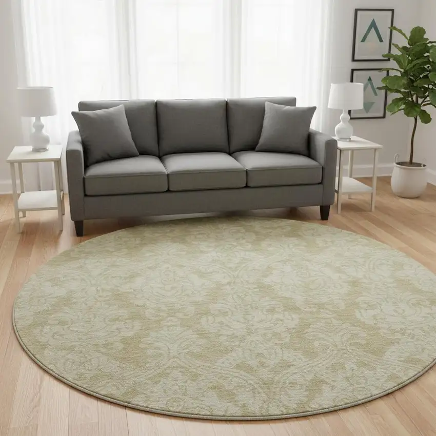 8' Tan And Beige Damask Washable Round Rug With UV Protection Photo 2