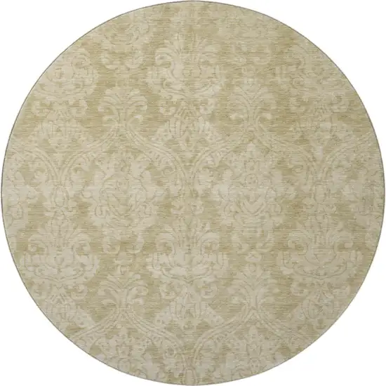 8' Tan And Beige Damask Washable Round Rug With UV Protection Photo 3