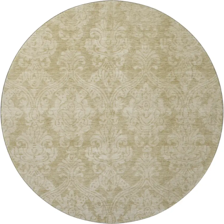 8' Tan And Beige Damask Washable Round Rug With UV Protection Photo 3