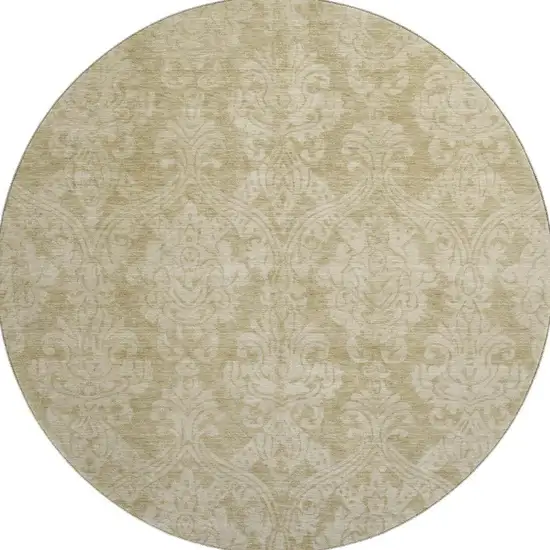 8' Tan And Beige Damask Washable Round Rug With UV Protection Photo 2