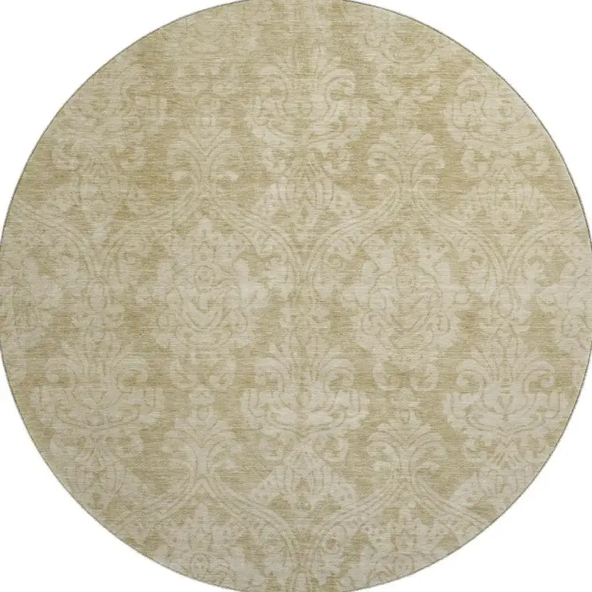 8' Tan And Beige Damask Washable Round Rug With UV Protection Photo 2
