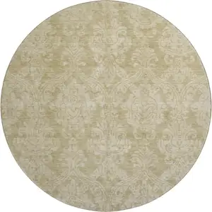 Photo of 8' Tan And Beige Damask Washable Round Rug With UV Protection