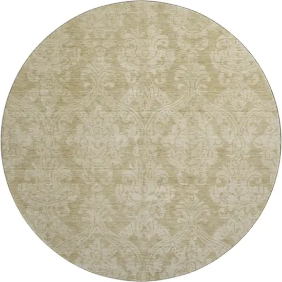 8' Tan And Beige Damask Washable Round Rug With UV Protection Photo 1