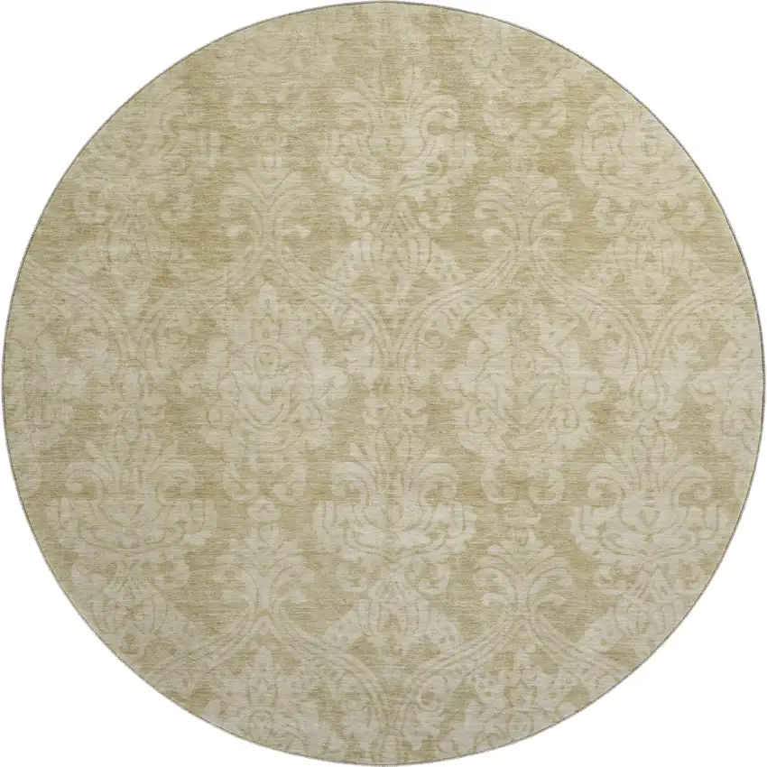 8' Tan And Beige Damask Washable Round Rug With UV Protection Photo 1