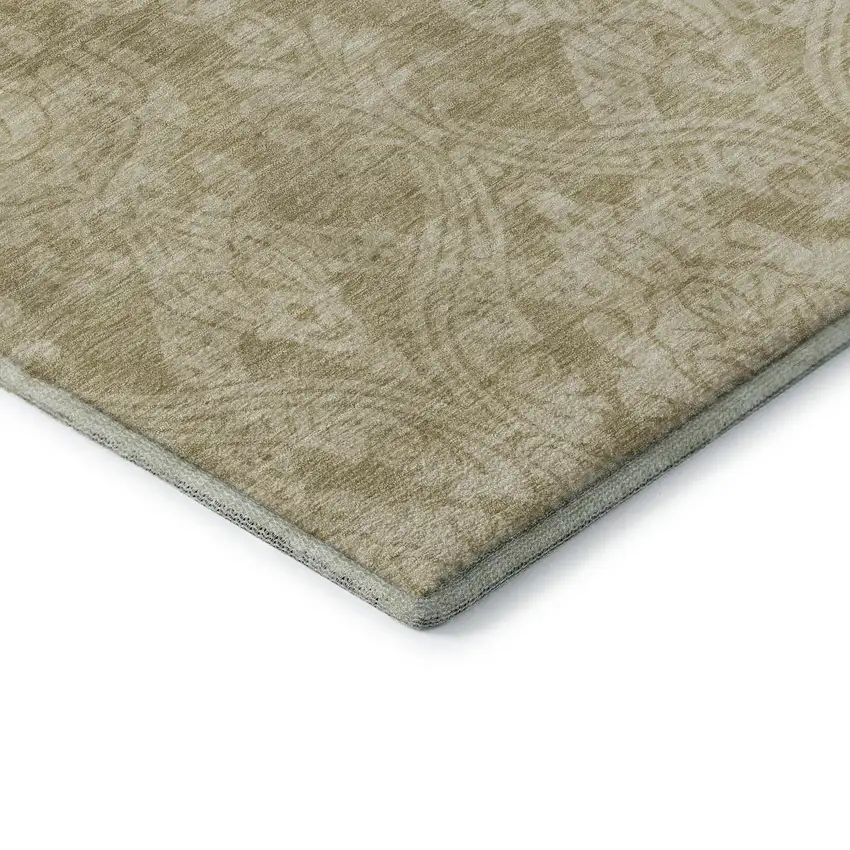 8' Tan And Beige Damask Washable Round Rug With UV Protection Photo 6