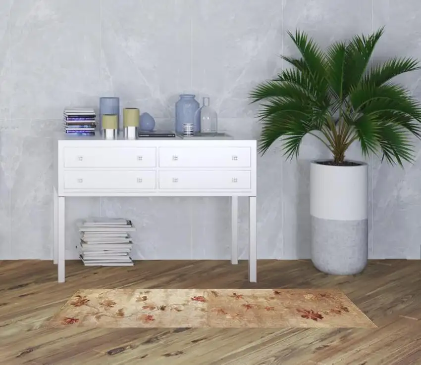 6' Tan And Beige Floral Runner Rug Photo 1