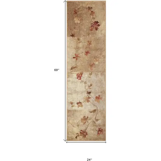6' Tan And Beige Floral Runner Rug Photo 3