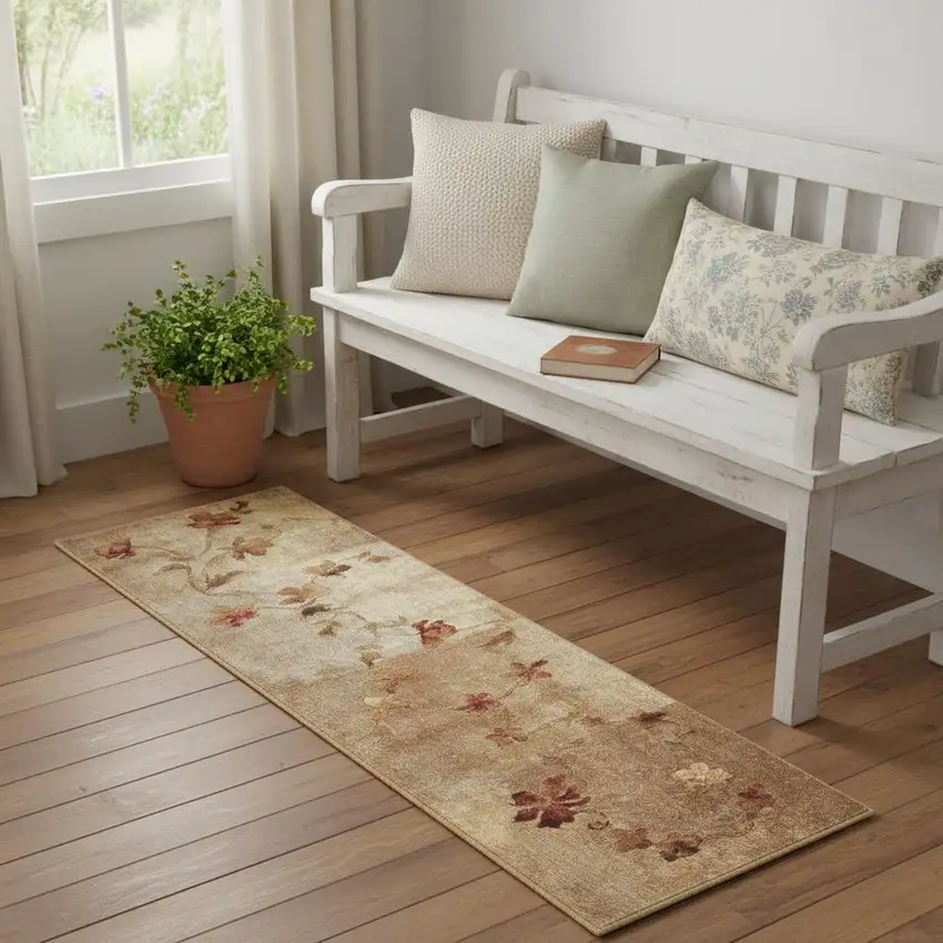 6' Tan And Beige Floral Runner Rug Photo 1