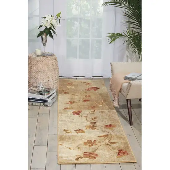6' Tan And Beige Floral Runner Rug Photo 5