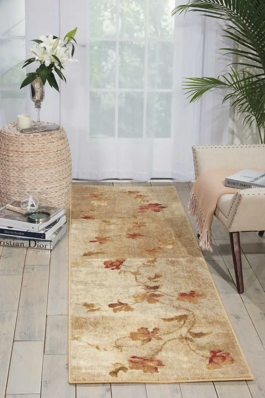 6' Tan And Beige Floral Runner Rug Photo 5