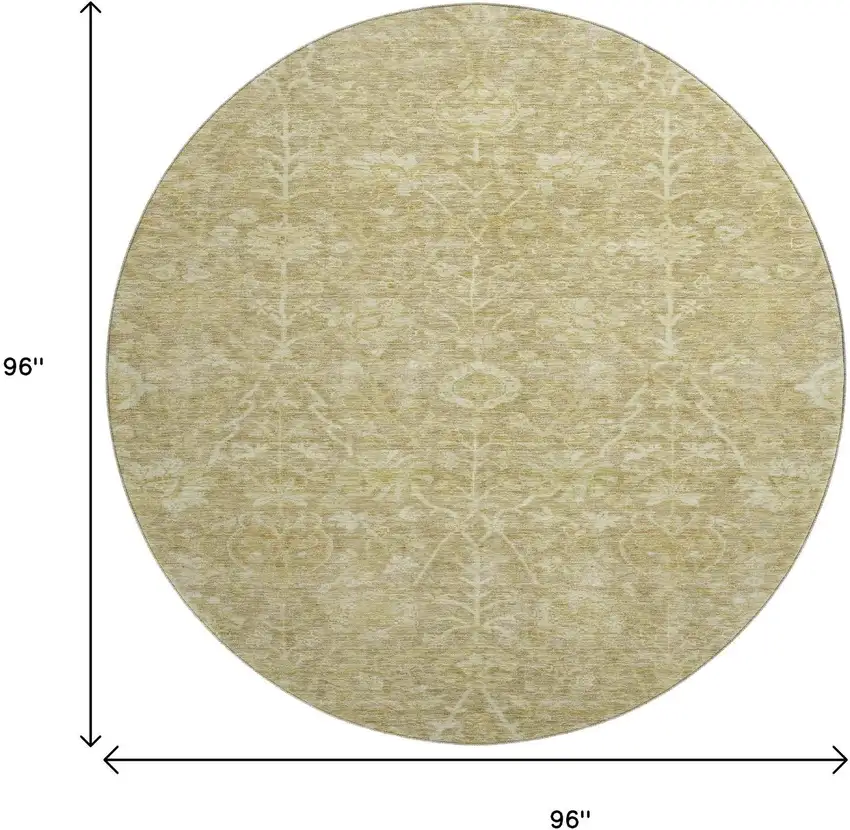 8' Tan And Beige Floral Washable Round Rug With UV Protection Photo 8