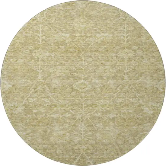 8' Tan And Beige Floral Washable Round Rug With UV Protection Photo 2