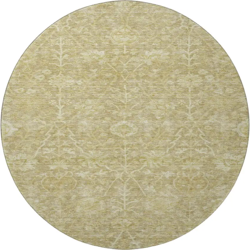 8' Tan And Beige Floral Washable Round Rug With UV Protection Photo 2