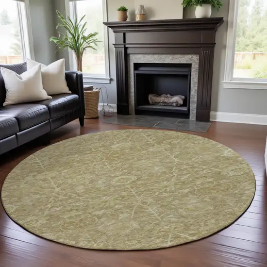 8' Tan And Beige Floral Washable Round Rug With UV Protection Photo 3